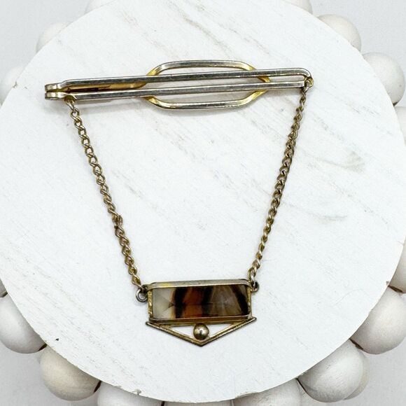 Montana Moss Agate Chain Tie Clip Tie Keeper Nu-Lok Vintage MCM Gold Tone - Picture 5 of 8